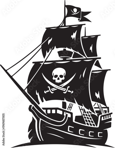 Minimal Pirate Ship Silhouette Icon Black Vector Flat Design