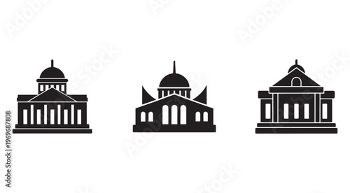 Three black silhouettes of buildings with domes and columns  architectural icons  isolated on white background
