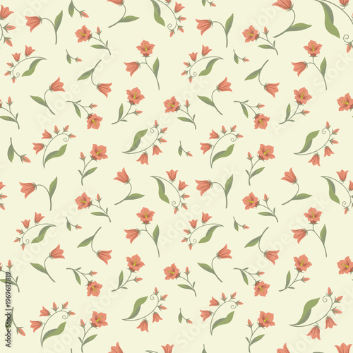 Retro botanical chintz background with terracotta blooming flowers for textile design and elegant wallpaper