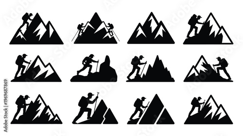 Hikers and mountaineers climbing rugged peaks depicted in bold vector silhouettes showcasing outdoor adventure and exploration with dynamic poses and minimalist black design