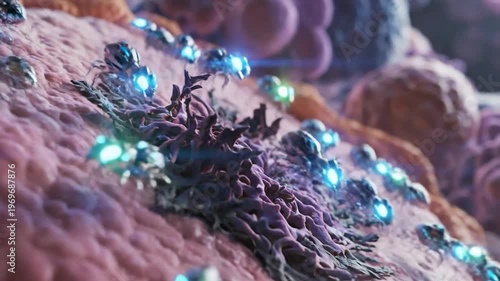 Advanced nanorobots navigate organic cellular surface microscopic view futuristic biomedical technology