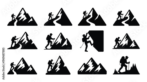 Silhouettes of hikers and climbers scaling stylized black and white mountain peaks in a clean vector design