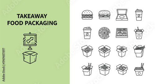 A collection of diverse outline vector icons representing popular takeaway food packaging for delivery and fast-food services design projects