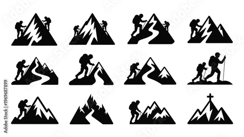 Silhouettes of hikers climbing and conquering mountain peaks in minimalist black and white illustrations showcasing determination and adventure against a clean background