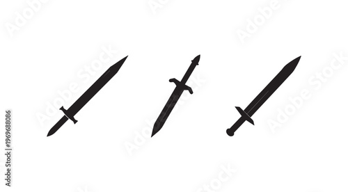 Three black silhouettes of daggers with pointed tips and short handles on white background  sharp weapons