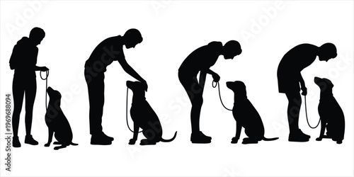 Silhouettes of a person training a dog with leashes and commands on a white background Keywords: silhouette, dog, training