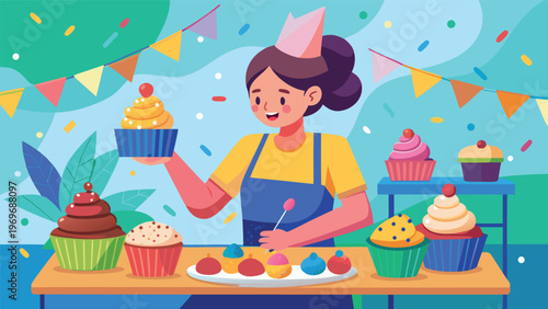 Cupcake maker displays colorful desserts at a outdoor party during the daytime