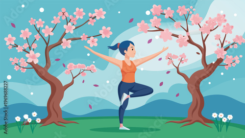 Woman practicing yoga in a flower garden with cherry blossom trees on a clear day with blue sky and mountains in the background