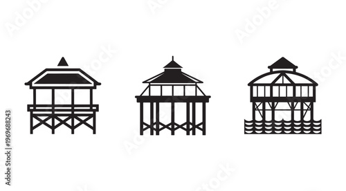 Three black silhouettes of different beach pavilions or gazebos with pier and on water  simple iconic vector illustrations