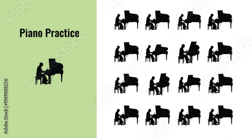 Silhouette vector illustration of a musician seated at a grand piano, depicting musical practice and classical performance art.