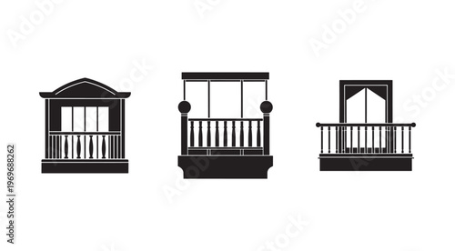Three black silhouettes of different balconies with railings and windows on white background  architectural elements