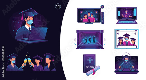 Online Virtual Graduation Ceremony Illustrations Set: Students Celebrating Academic Achievement Remotely with Laptops, Masks, and Diplomas