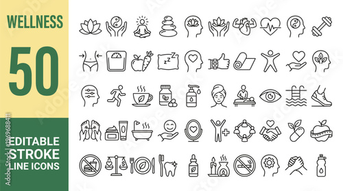 Wellness Line Editable Icons set. Vector illustration in thin line modern style of health related icons: mental health, healthcare, spa, medical, wellbeing, yoga, meditation, lifestyle, and more.