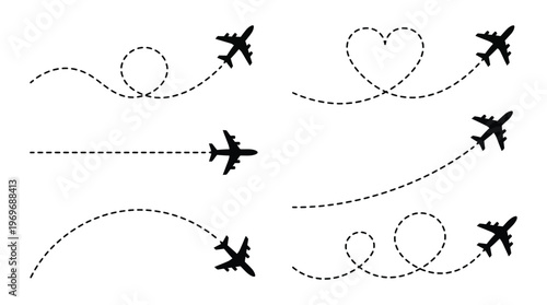 Airplane route with dotted flight path. Flying plane symbol with twisted, curved, straight and heart shape dashed trace path. Transparent png and vector illustration.