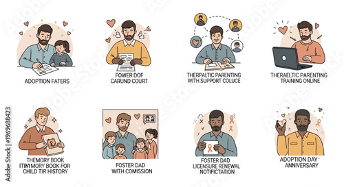 Adoption and Foster Care Illustrations Set. Diverse Fathers and Children, Parenting, Family Support, Legal Documents, and Training Concepts.