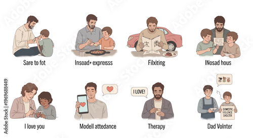 Set of illustrations depicting father-child bonding, parental care, family activities, and loving interactions in various home and leisure settings.