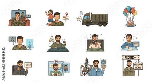 Military Soldier Life & Family Reunion Icon Set: Veteran's Daily Routines, Video Calls, Homecoming & Support Illustrations
