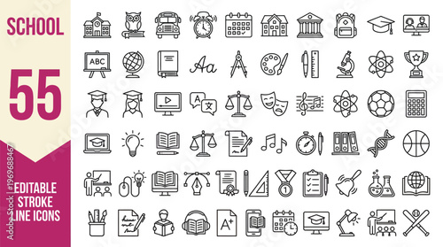 School icon set. Containing education, learning, teacher, book, E-learning, graduation, school subjects, classroom, students and more. Editable line icons. Vector illustration.