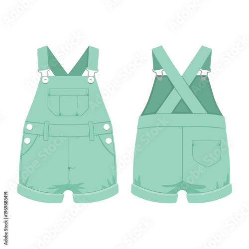 Mint Green Denim Short Overalls Flat Fashion Sketch