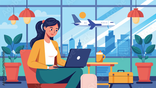 Woman working on laptop in airport lounge while looking out at airplane and city skyline during daytime