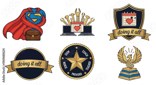 Modern life multi-tasking vector icons symbolizing work-life balance, diverse roles, strength, and overcoming challenges.