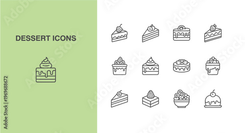 Diverse collection of sweet dessert vector graphic icons featuring cakes, pastries, and treats, perfect for menu and food design illustrations.