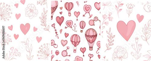 Romantic seamless patterns collection with hearts flowers and hot air balloons, pastel love themed background vector illustration set