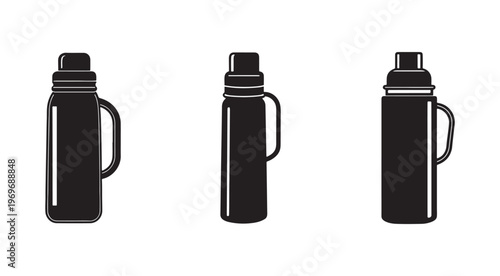 Three black silhouettes of insulated water bottles with screw on lids and handles on the sides in different angles  isolated on white background