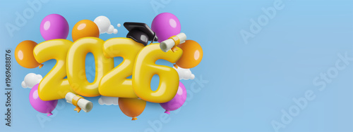 Congratulations graduates 2026 background with 3d graduation cap, diplomas and balloons. Cute cartoon inflated numbers flying in the sky with copy space. Vector illustration.