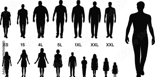 Silhouettes of men and women in various sizes and clothing styles with size labels Keywords: silhouette, clothing, size, men