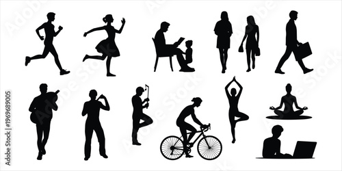 Silhouettes of people engaged in various activities and hobbies running