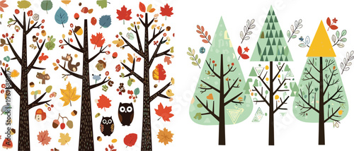 Seasonal trees collection with autumn forest elements and stylized geometric pine trees, nature landscape cartoon vector illustration set