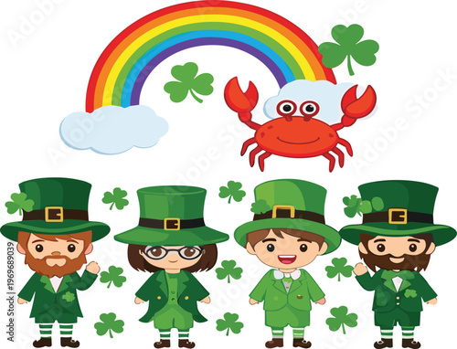 St Patrick day characters set with leprechauns rainbow shamrock and crab, festive Irish holiday cartoon vector illustration collection
