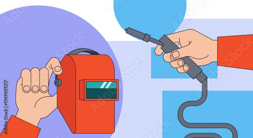 Industrial Welding Concept Illustration with Hands Holding a Welding Mask and Torch