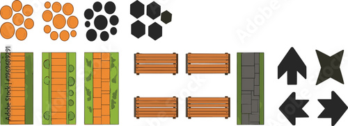 Top view game asset elements including paths tiles bushes benches shapes and navigation arrows for UI design vector set