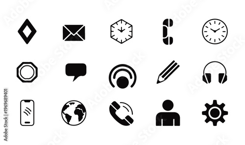 Essential interface icons set with telephone mail clock pencil globe and user silhouette