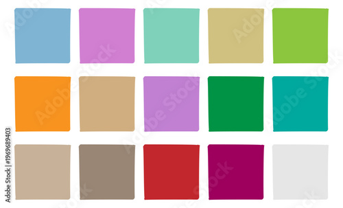 Colección de quince cuadrados de colores vibrantes y variados dispuestos en una cuadrícula sobre fondo blanco
