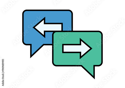 Dos burbujas de diálogo con flechas en direcciones opuestas que simbolizan el intercambio de información y la comunicación bilateral
