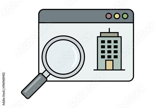 Ventana de navegador web con una lupa y un edificio que representa la búsqueda de empresas o empleo en línea
