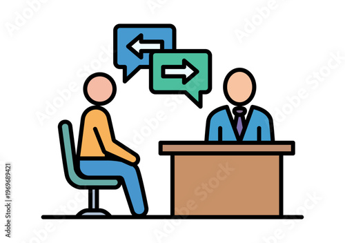 Icono de una entrevista de trabajo con un reclutador y un candidato intercambiando información en una oficina