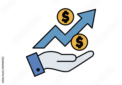 Mano sosteniendo una flecha ascendente con monedas de dólar que representa el éxito financiero y el retorno de inversión