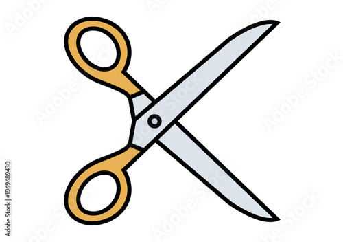 Icono de unas tijeras metálicas abiertas con mangos de color naranja para costura o manualidades
