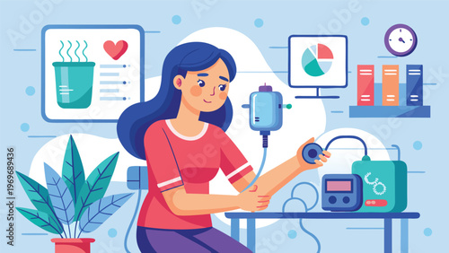 Health care worker checks blood pressure with medical equipment in a clinic setting during the day