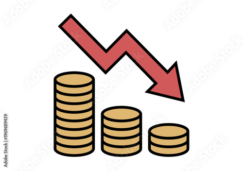 Icono de tres pilas de monedas de oro con una flecha roja descendente que representa la pérdida de valor y la crisis financiera