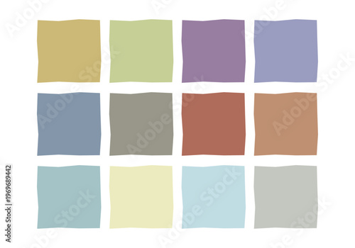 Conjunto de doce cuadrados de colores pasteles dispuestos en una cuadrícula sobre fondo blanco
