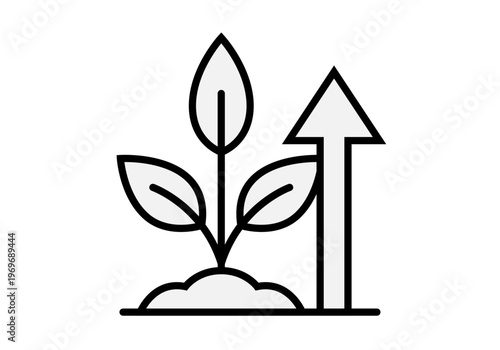 Icono de una planta creciendo en la tierra con una flecha ascendente que representa el desarrollo sostenible y éxito ecológico