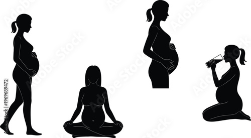 Silhouettes of Pregnant Women in Various Poses on White Background woman pregnancy