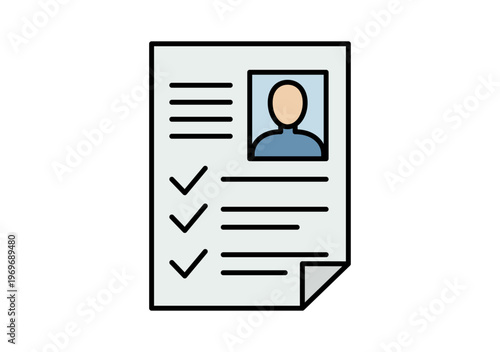 Documento de currículum vítae con fotografía de perfil y marcas de verificación que representan la experiencia laboral