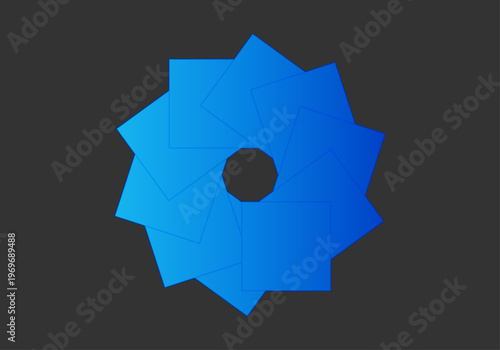 Icono de obturador de cámara fotográfica compuesto por cuadrados azules con degradado sobre un fondo gris oscuro