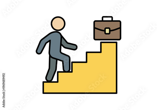 Icono de un trabajador subiendo una escalera hacia un maletín que representa el ascenso laboral y el éxito profesional